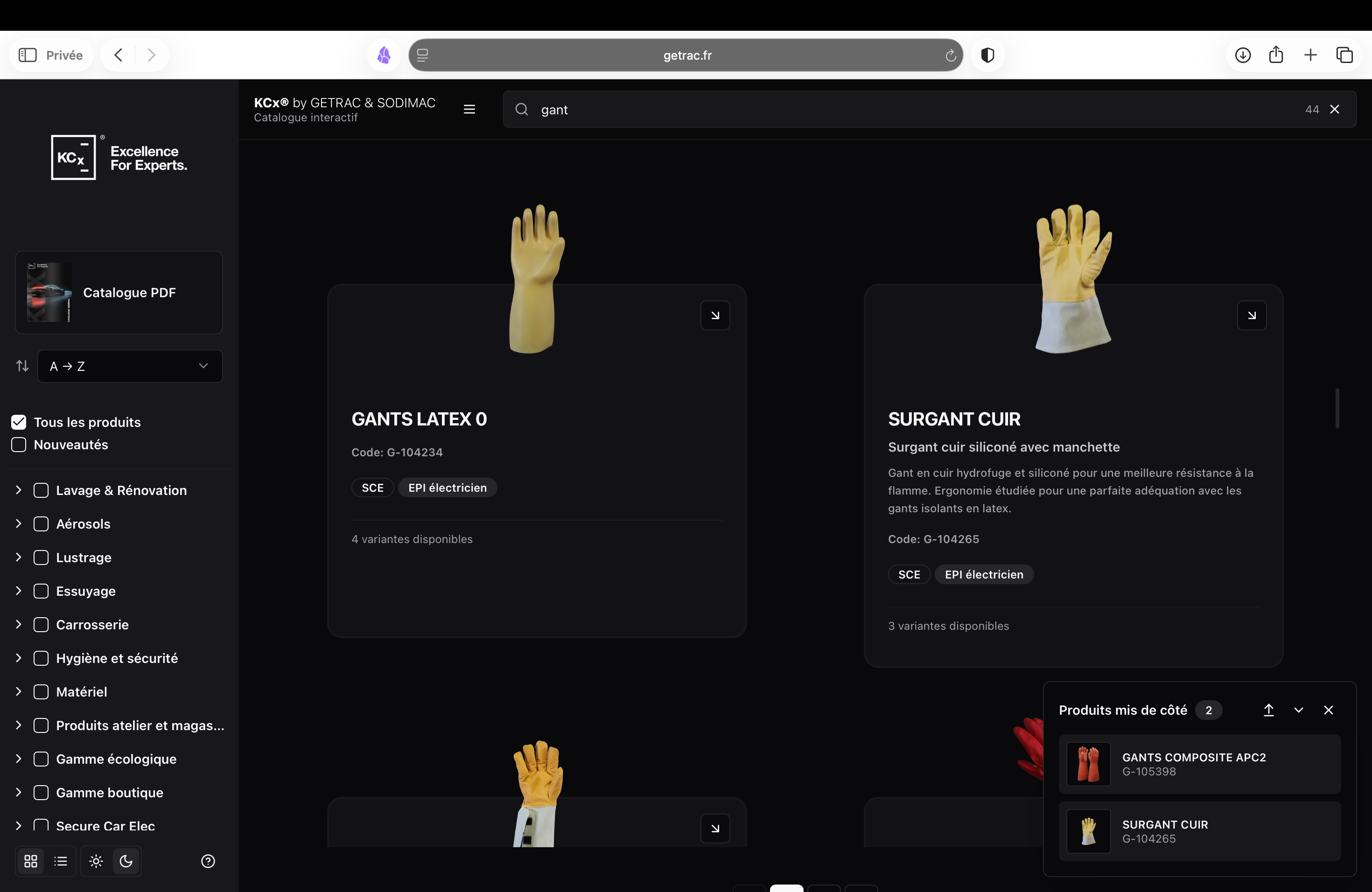 Product detail modal with technical specifications