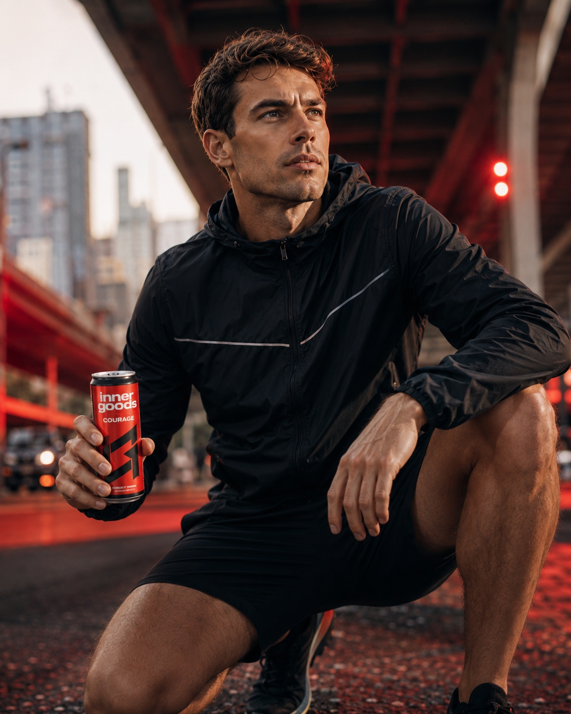 Courage: energy drink held during an urban run