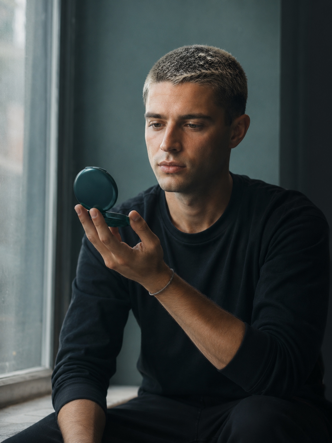 Self-knowledge: a person examining themselves in a compact mirror