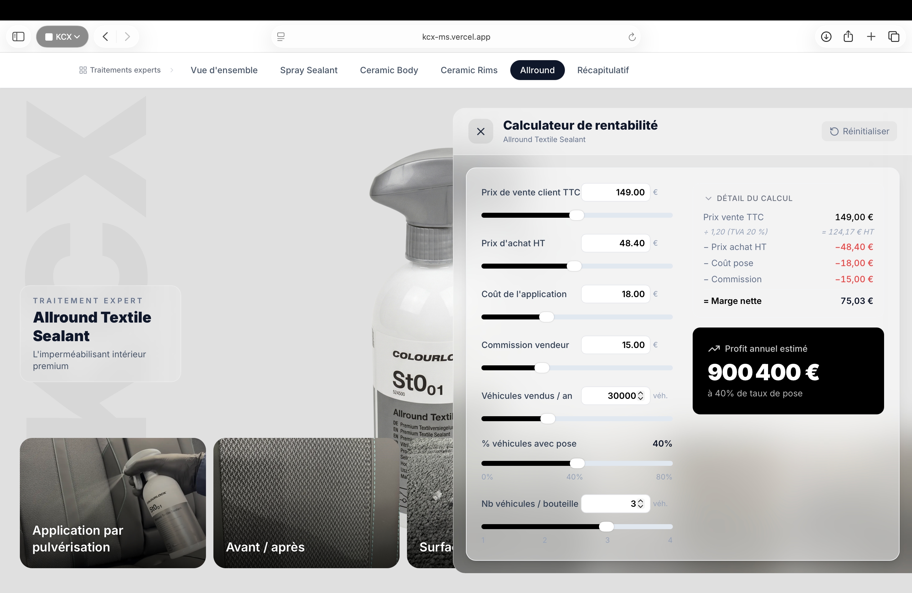 Traitements Experts product detail and calculator screen